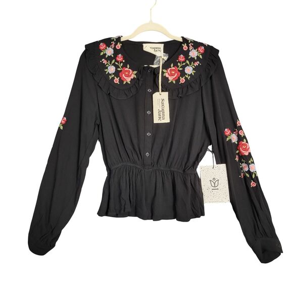 Savanna Jane Tops - SAVANNA JANE Black Floral Embroidery Peter Pan Collar Top Twee Modest SIZE SMALL